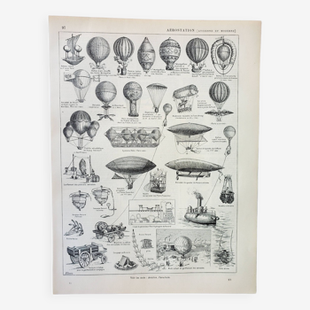 Old engraving 1898, Old hot air balloon, ballooning • Lithograph, Original plate, aviatio