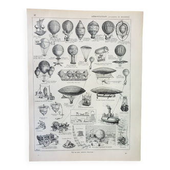 Old engraving 1898, Old hot air balloon, ballooning • Lithograph, Original plate, aviatio