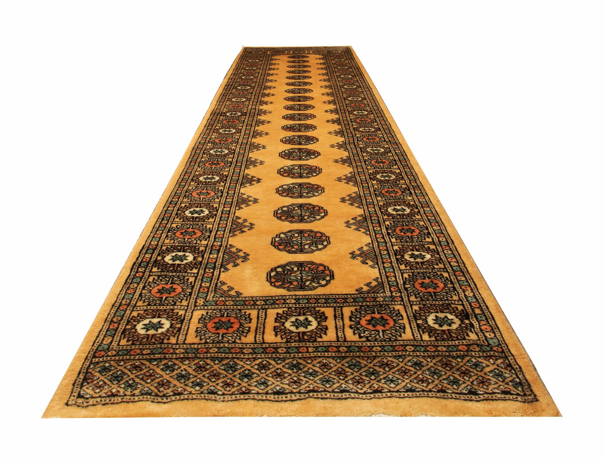 Tapis de couloir turkmène vintage à médaillon jaune, fait main, style géométrique oriental
