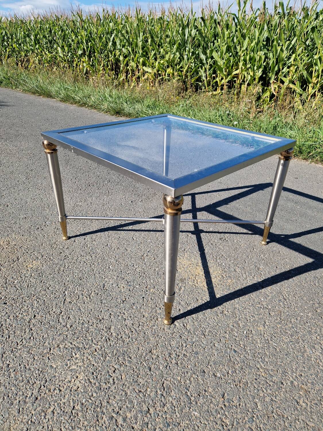 Vintage brushed steel and brass side table, 1970