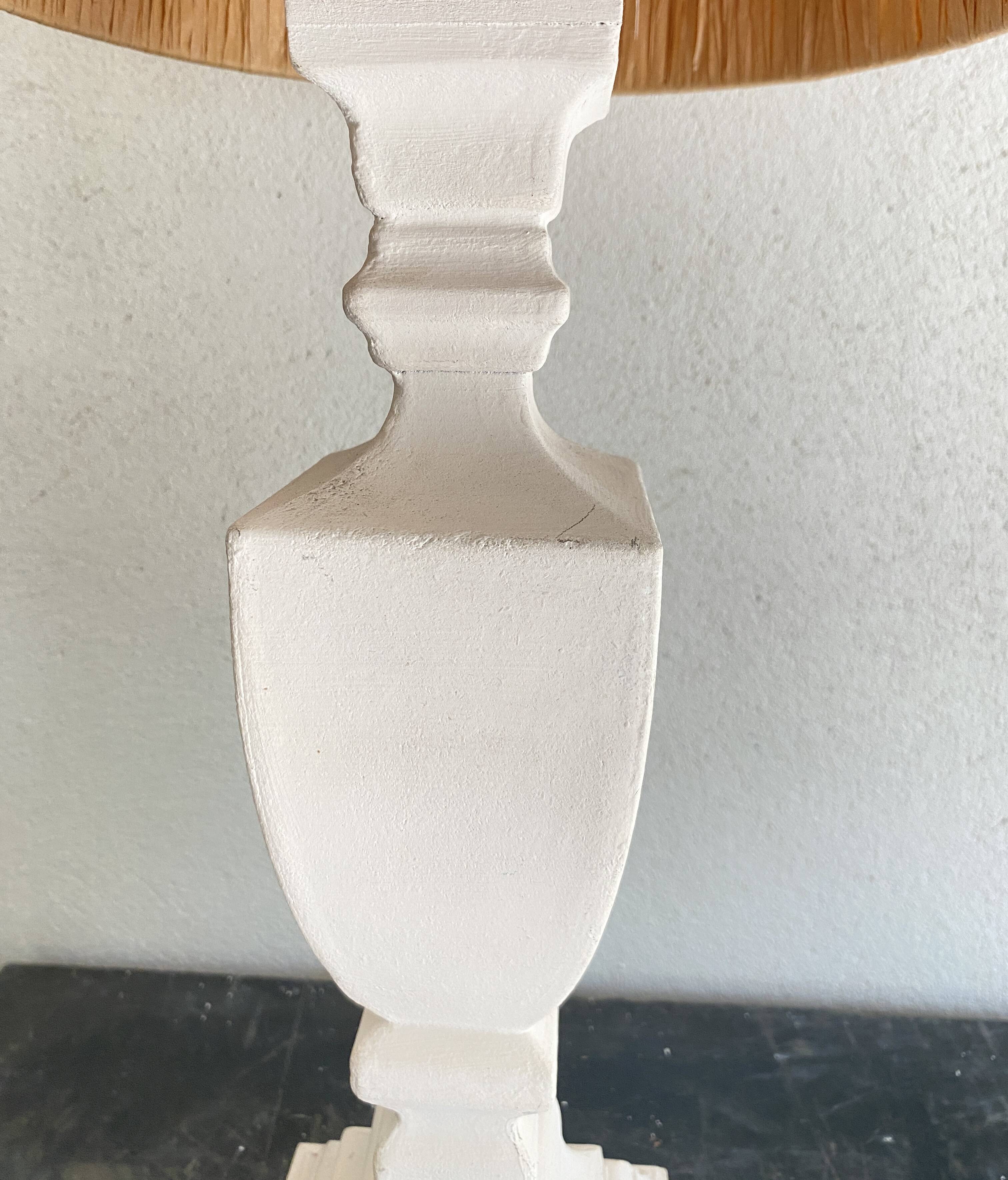 Wood and plaster lamp, new 2M cable, raffia lampshade
