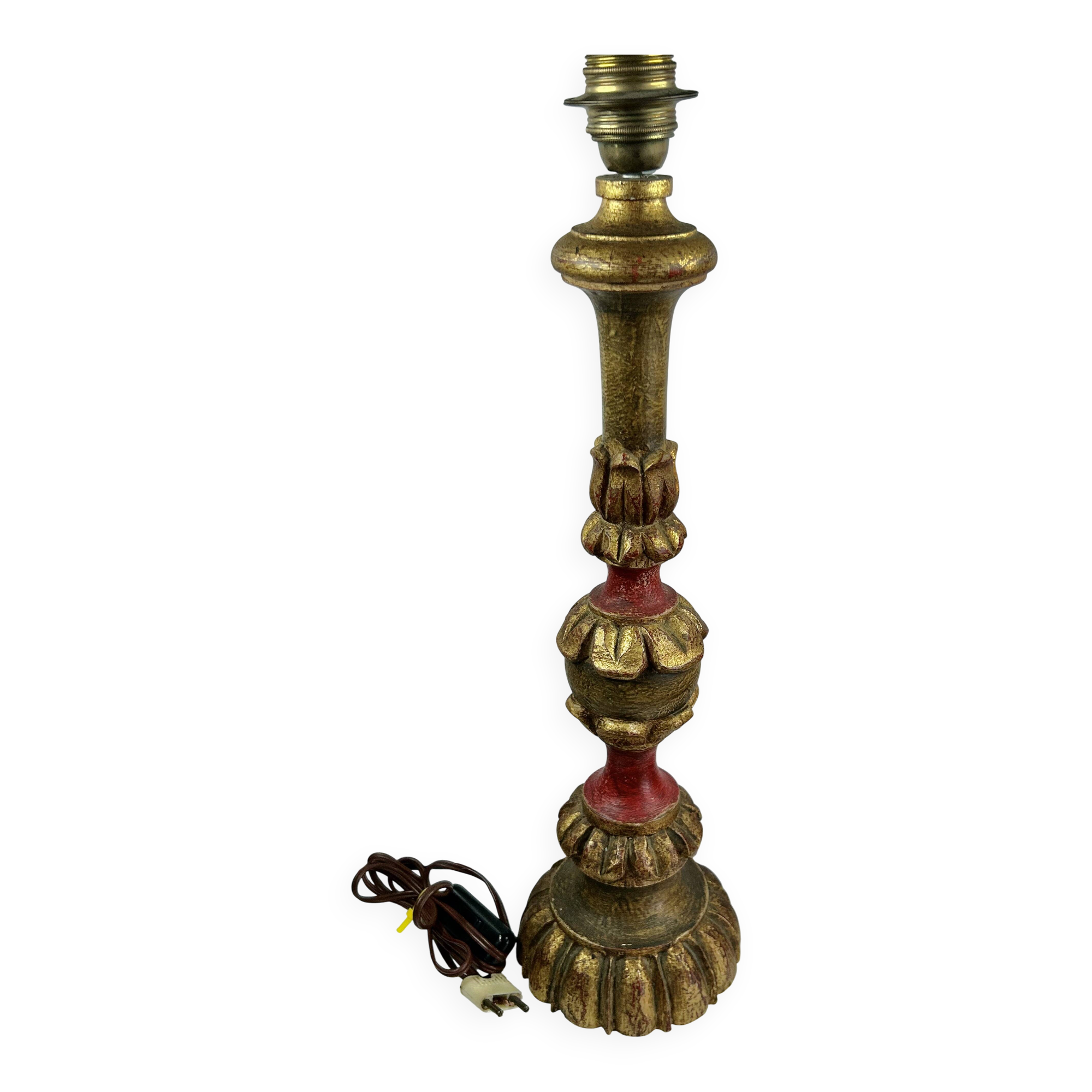 Large polychrome wooden lamp base 53.5 cm high from the socket.