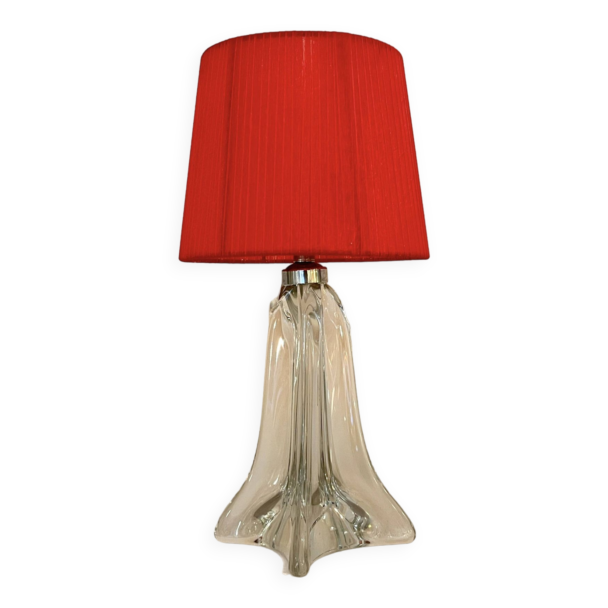Vintage crystal lamp base with red pleated organza ribbon shade 1940