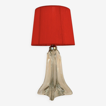 Vintage lamp with crystal base, red pleated organza ribbon shade, 1940