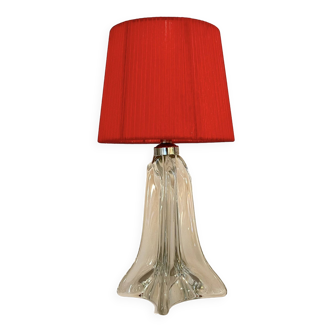 Vintage lamp with crystal base, red pleated organza ribbon shade, 1940