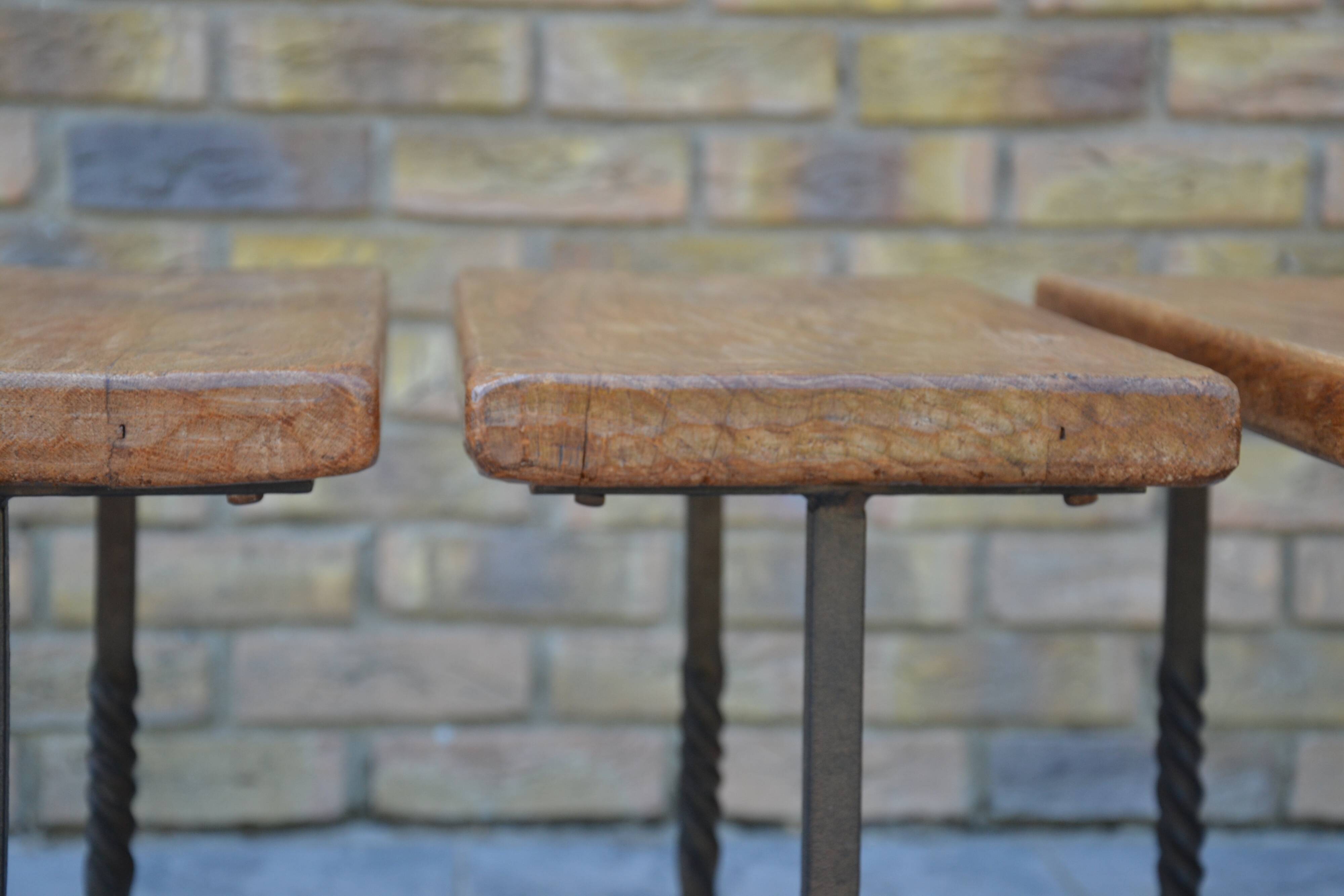 Unusual modular coffee table in oak and wrought iron.