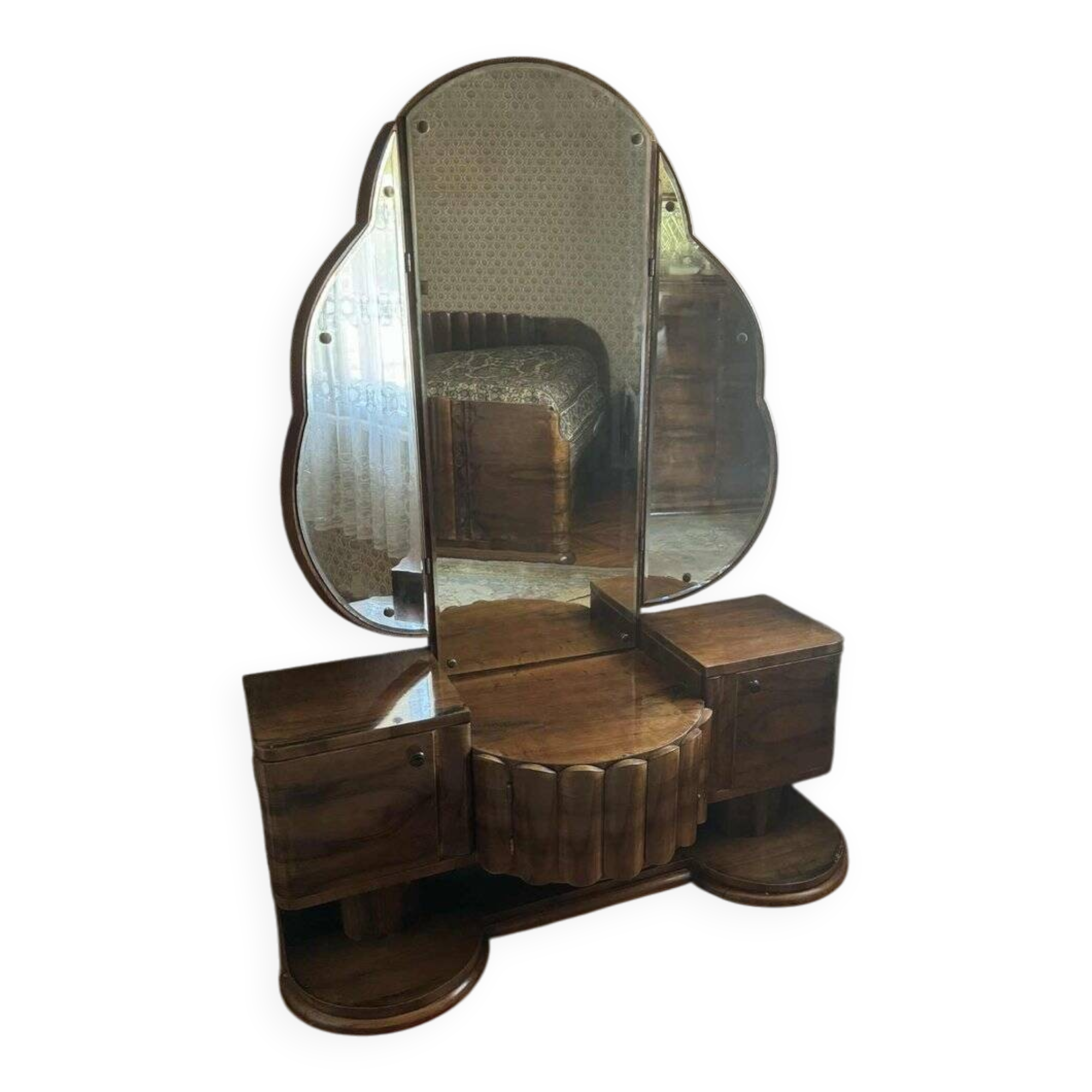 Coiffeuse Art Déco en noyer avec miroir triptyque, années 1930
