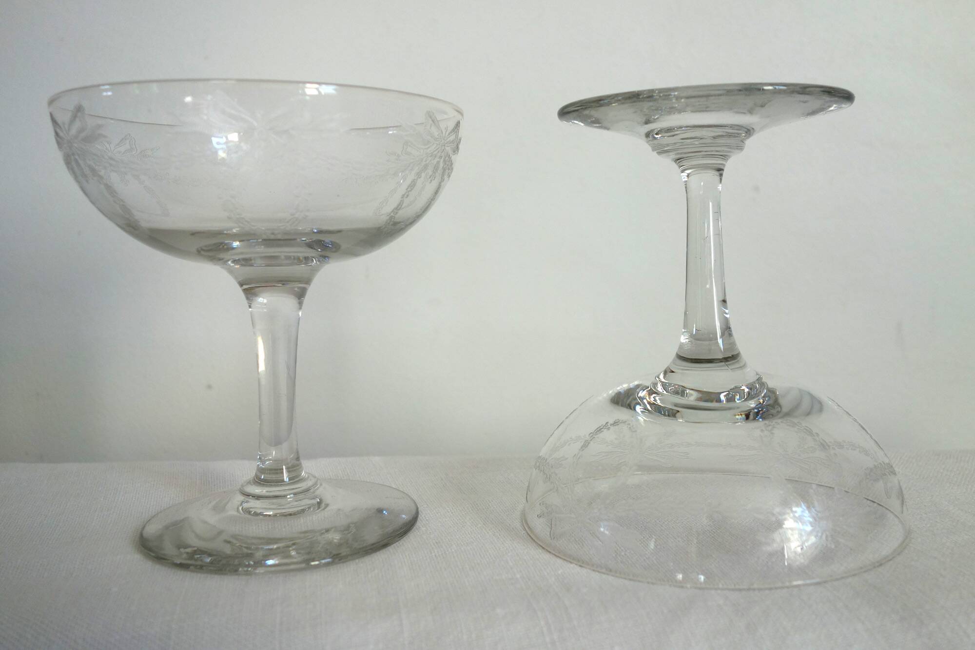 11 vintage engraved crystal champagne coupes