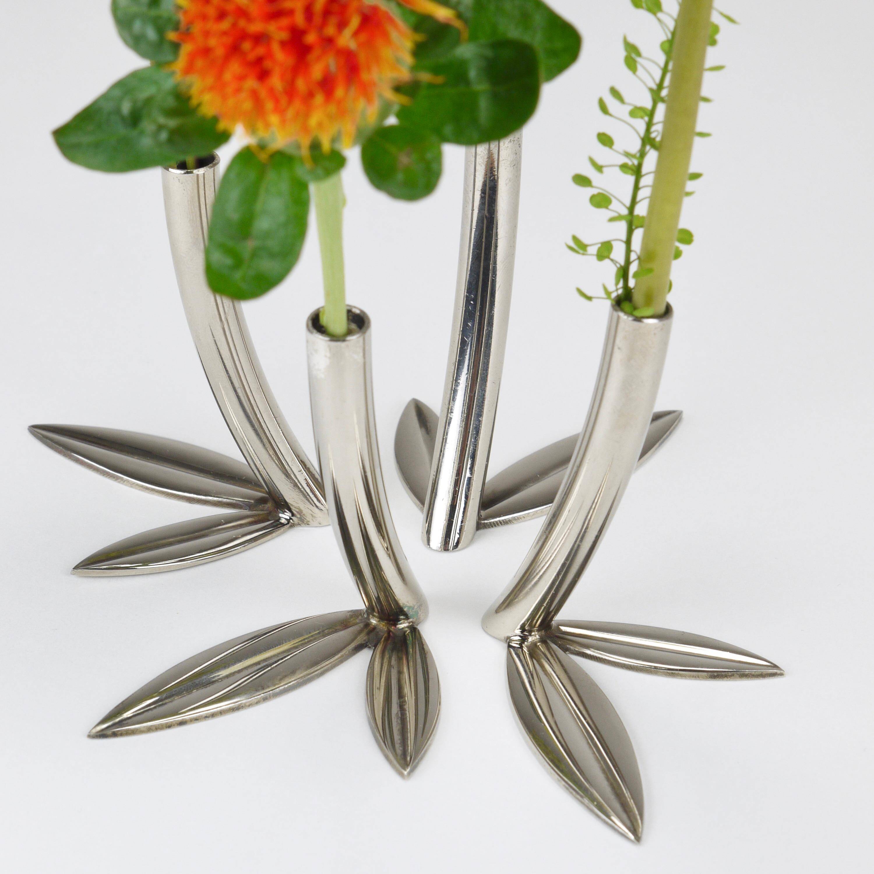 Werkstätte Hagenauer Up to 6 Soliflore Vases Leaf, Brass & Nickel, Vienna, 1960s