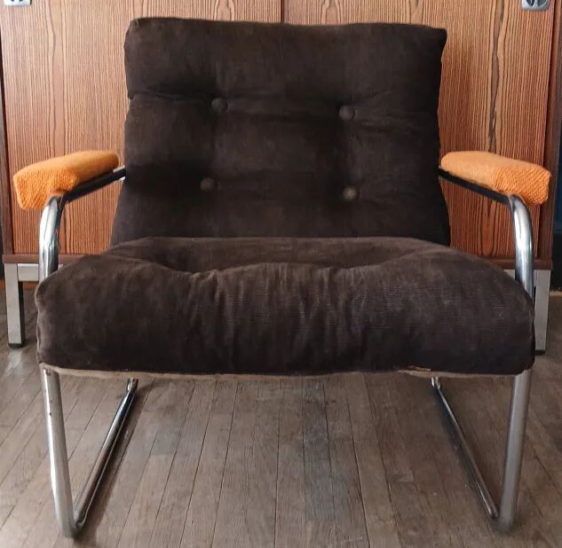 Fauteuil lounge style G.Lundgren pour Ikea, velours & tubes chromés 1970