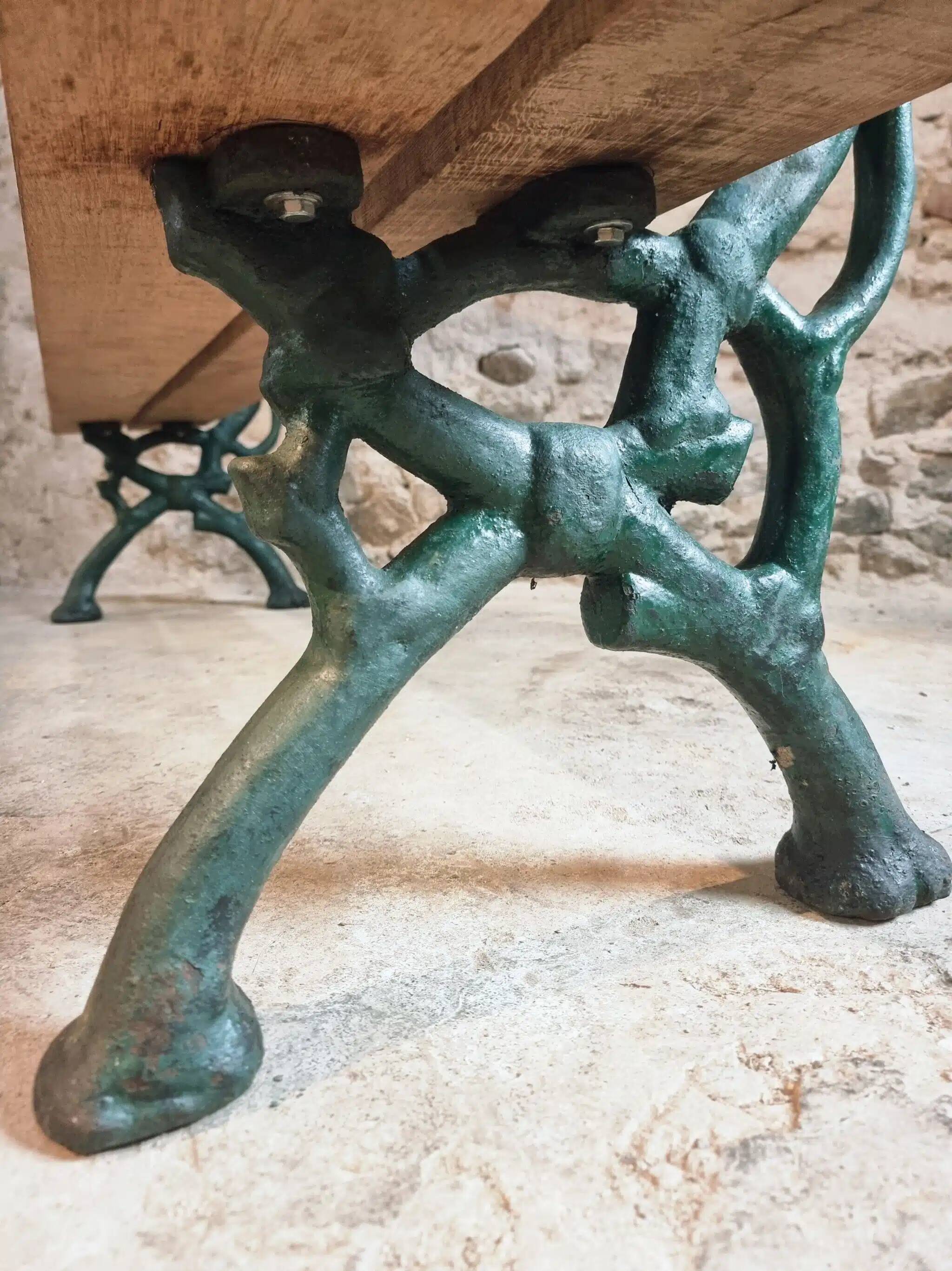 Antique French park bench in cast iron and oak – Sea green patina, 220 cm