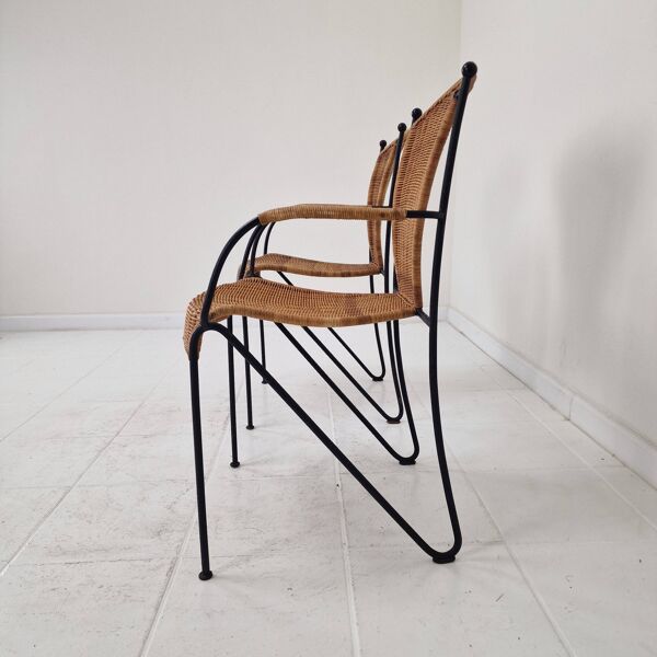 Paire de fauteuils en osier et fer de Frederic Weinberg, États-Unis, années 1950.