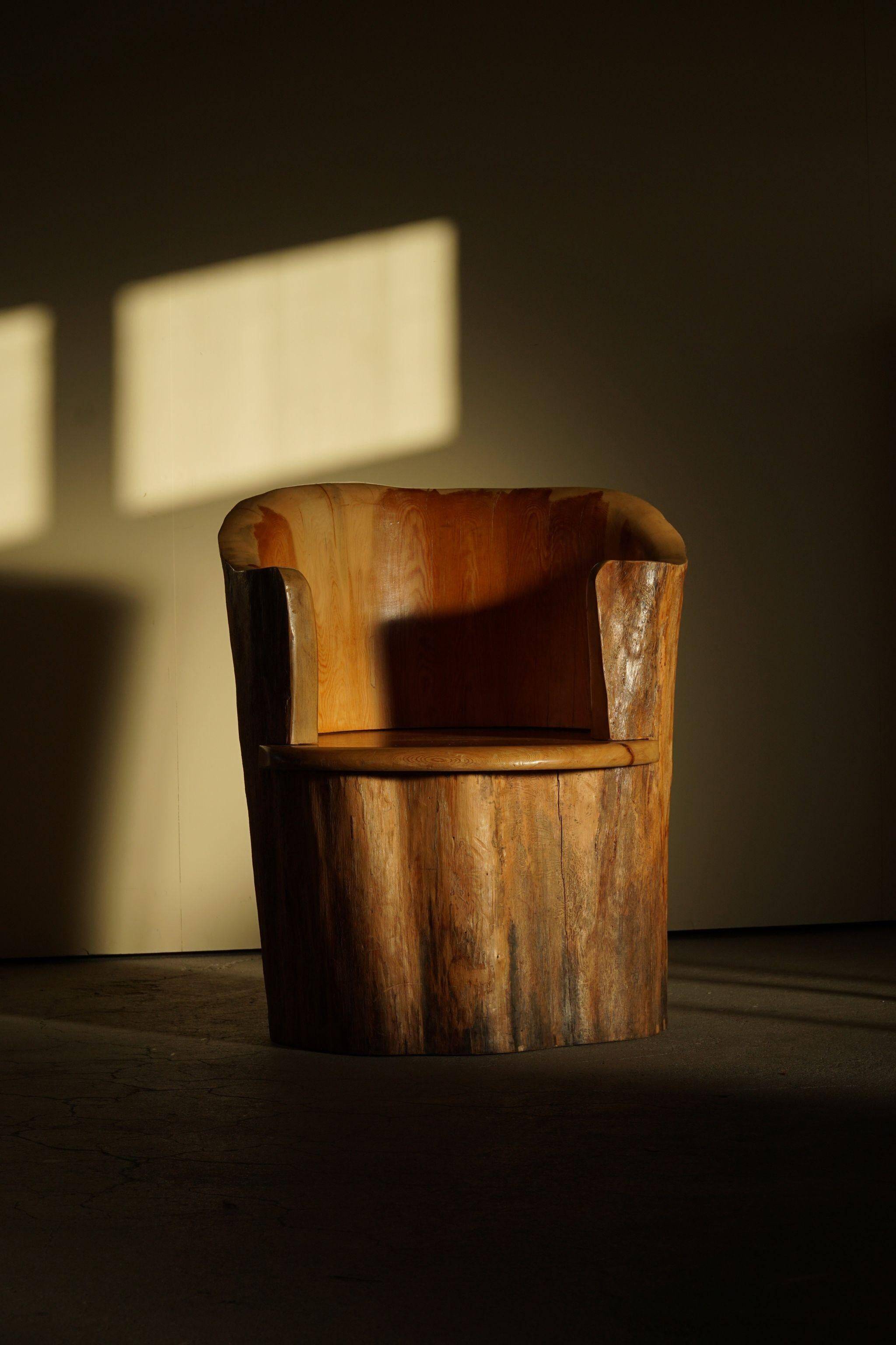 Sculptural stump chair, Brutalism, Wabi Sabi in solid pine, Swedish, 1968.