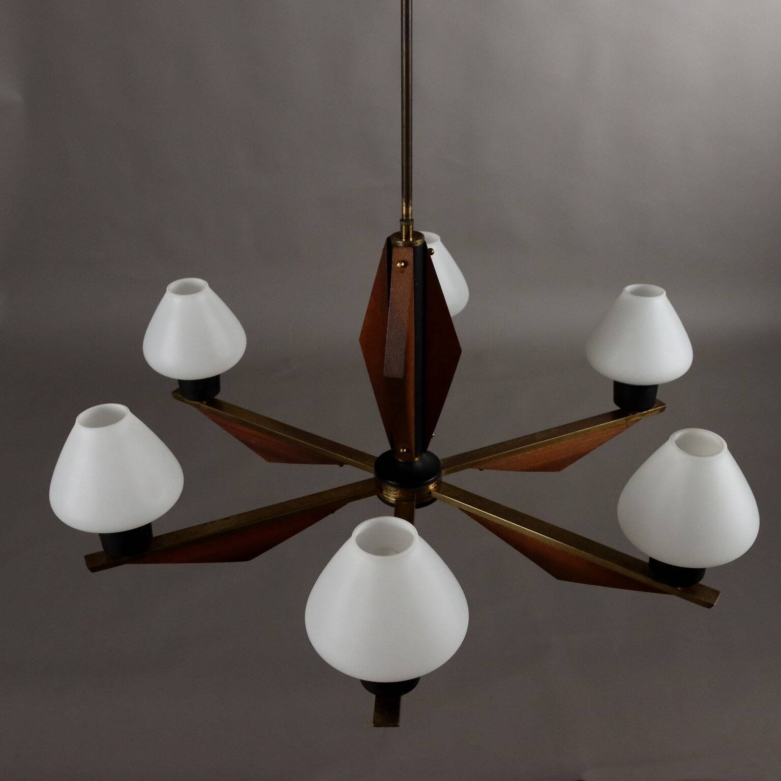 Vintage aluminum and teak chandelier, Italy, 1960s