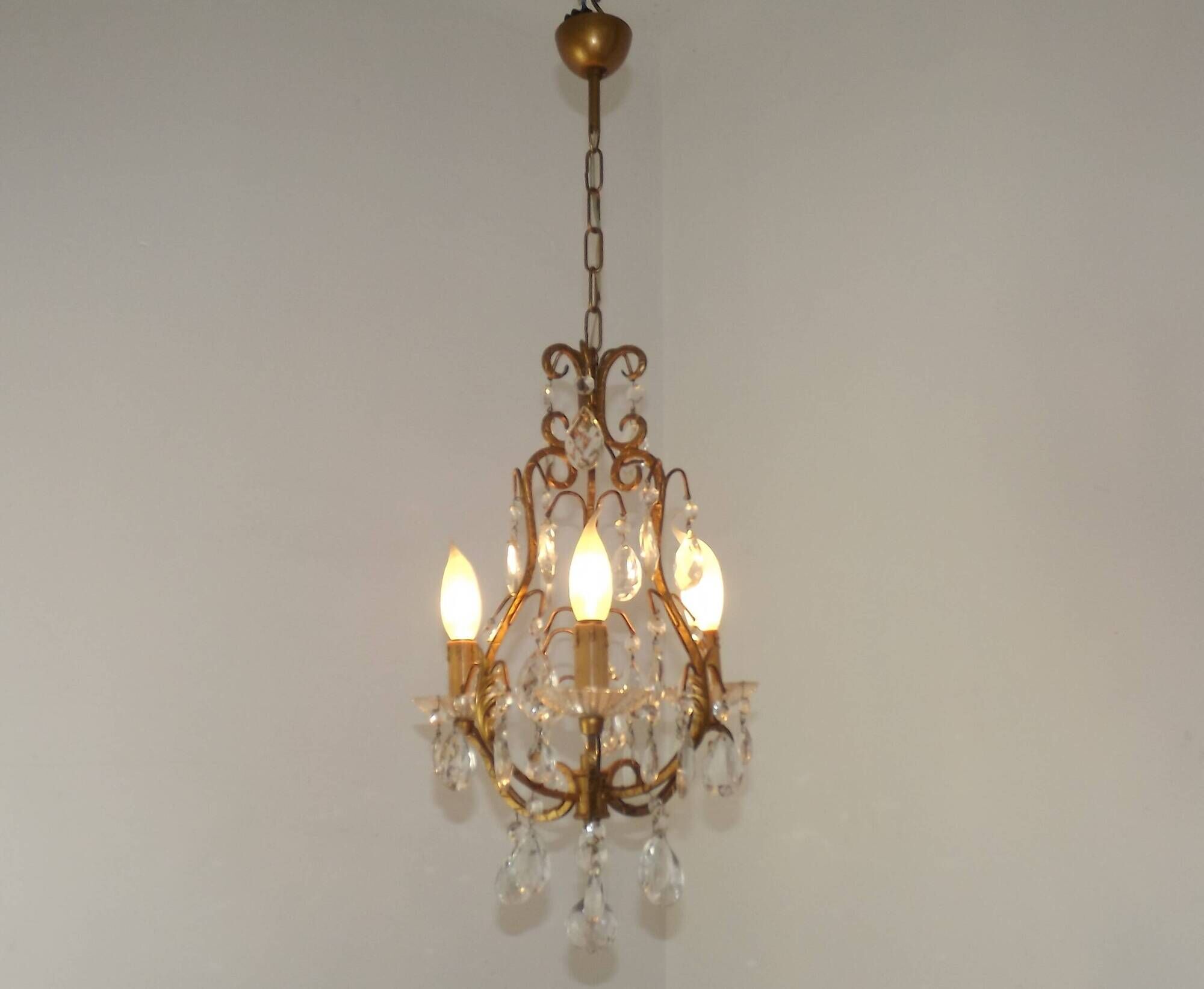 French Vintage Goldtone Metal & Crystal 3 Light Cage Chandelier 5502