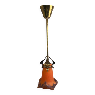 Suspended Jugendstil lamp with orange shade by Muller Frères