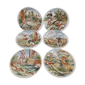 6 assiettes anciennes  sarreguemines  dv ( 1920 / 1950 ), décor " chasse "