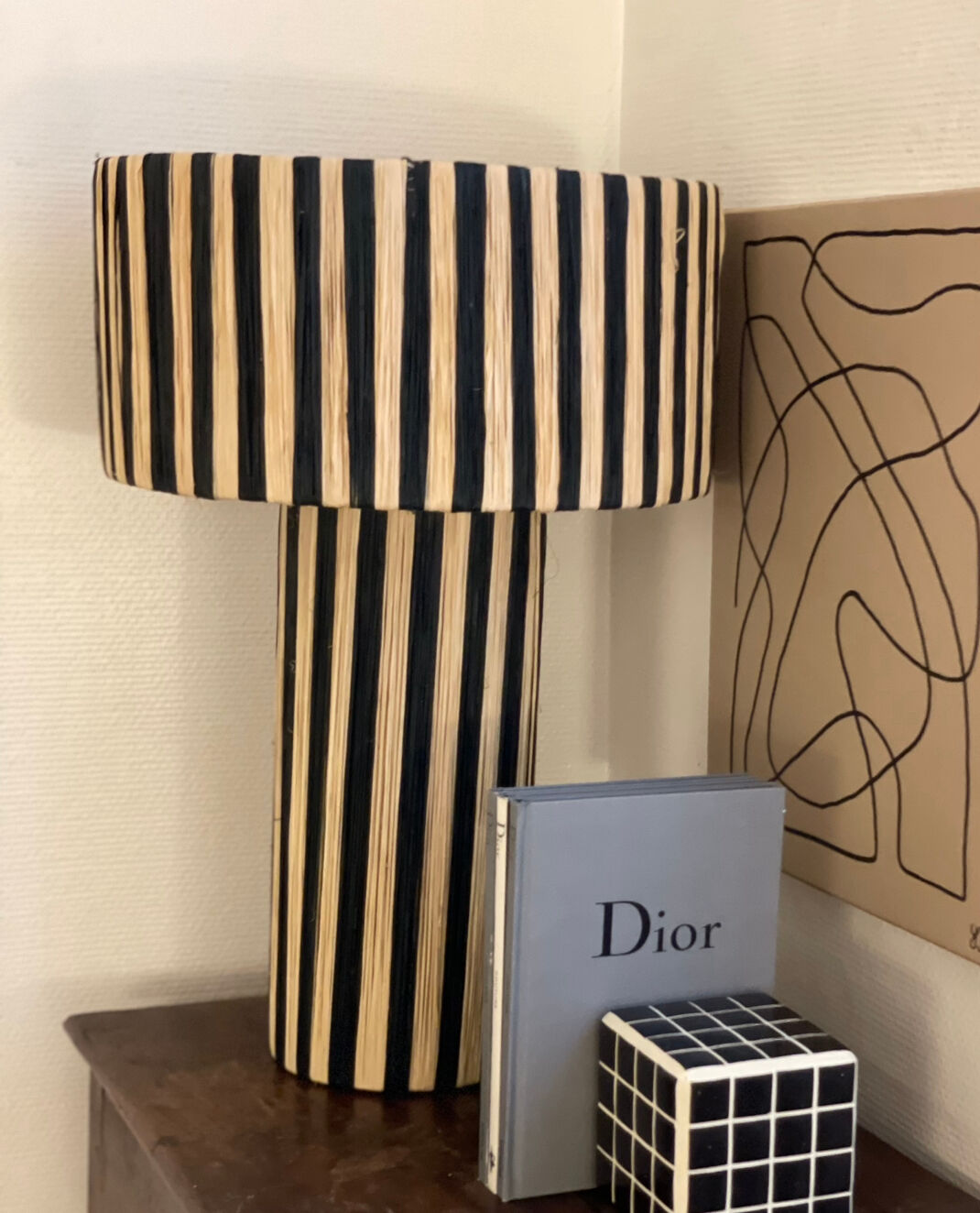 Minimalist bedside table lamp raffia Striped zebra black