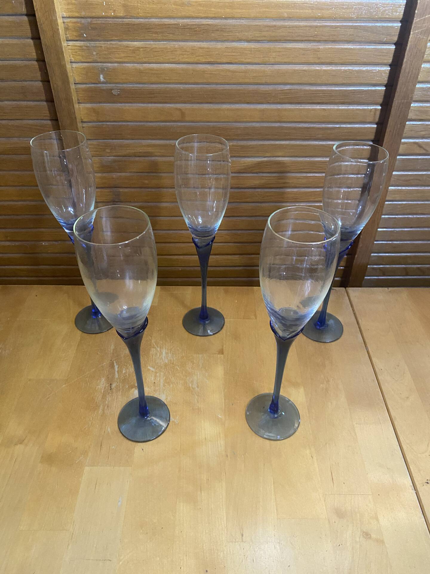 Set of 5 Champagne Flutes BORMIOLI ROCCO Moulded Glass + Vintage Blue Stem