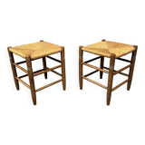 Set of Dutch beechwood stools with rush seat