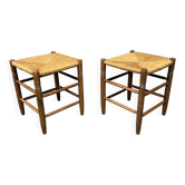 Set of Dutch beechwood stools with rush seat