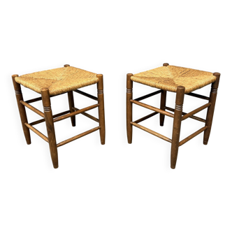 Set of Dutch beechwood stools with rush seat
