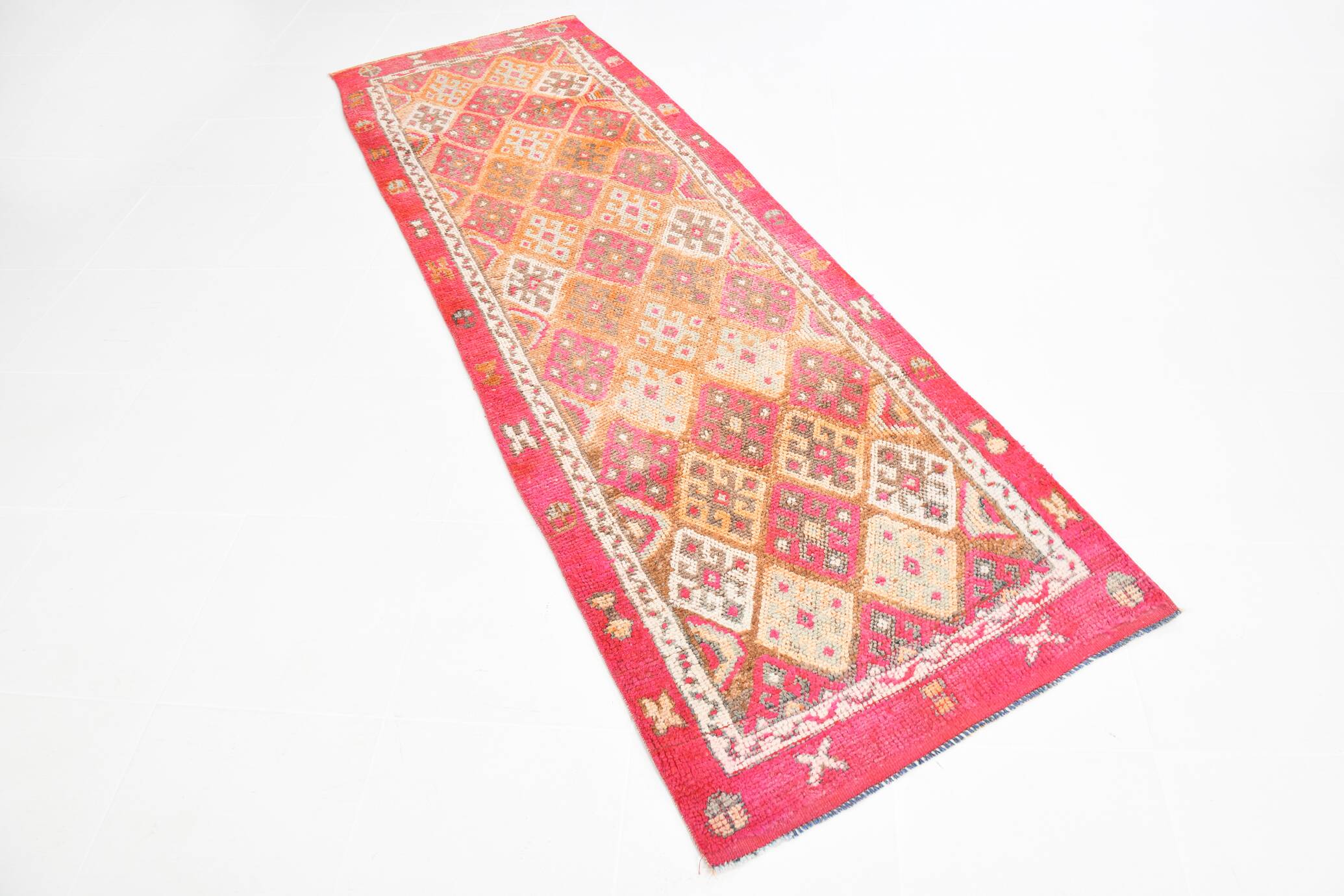Red & Brown Geometric Vintage Runner Rug, 93x290Cm