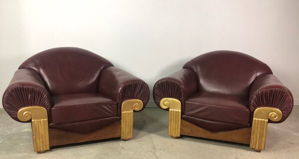 Fauteuils style art déco en bois et cuir bordeaux 1940