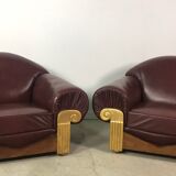 Armchairs (the pair) art deco style in wood and burgundy leather 1940