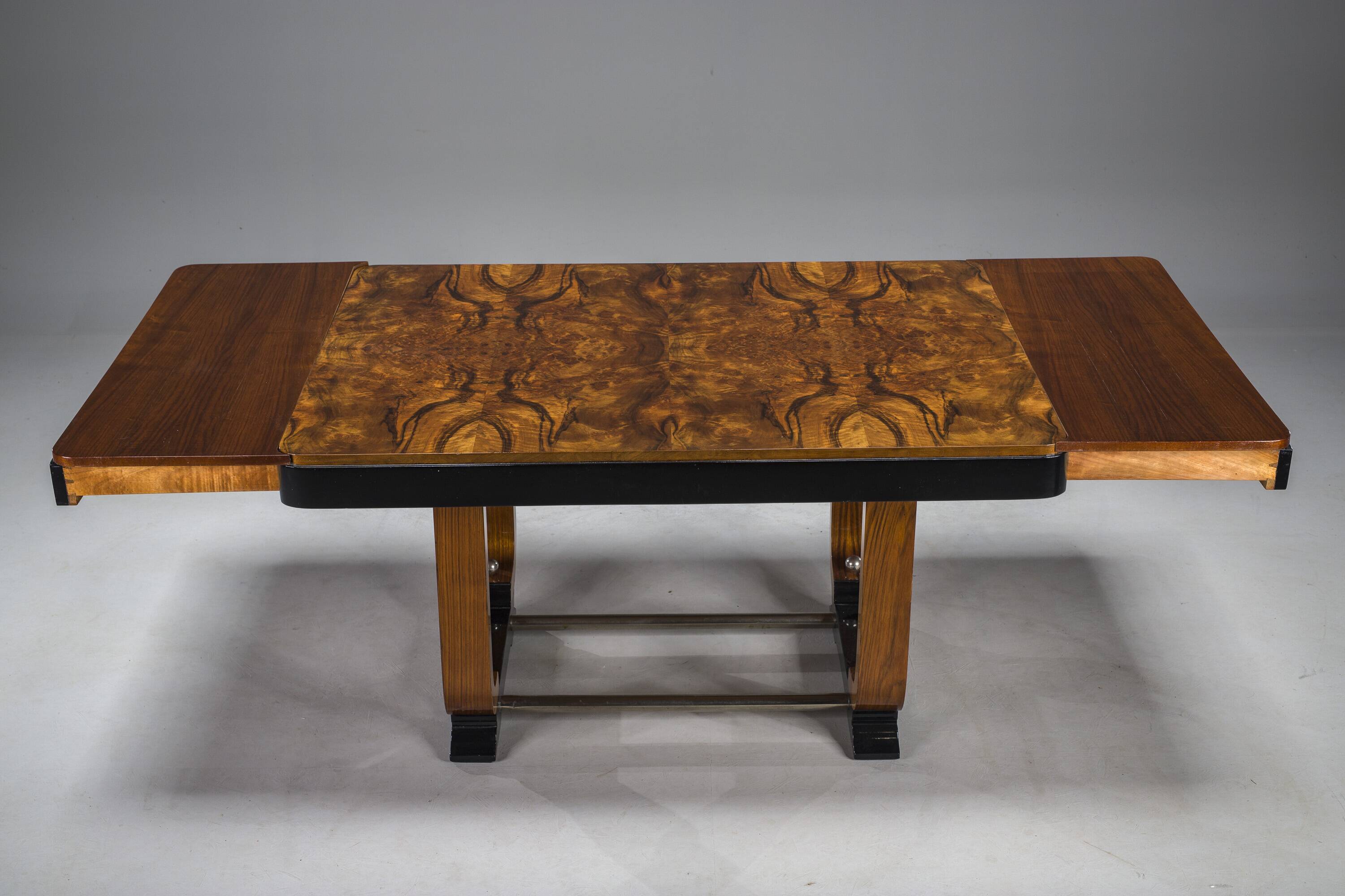 Art Deco French Walnut & Burl Dining Set, 1930s, Set of 7