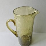Blown glass pitcher, bubbled, khaki green, 70s, height 25.5 cm