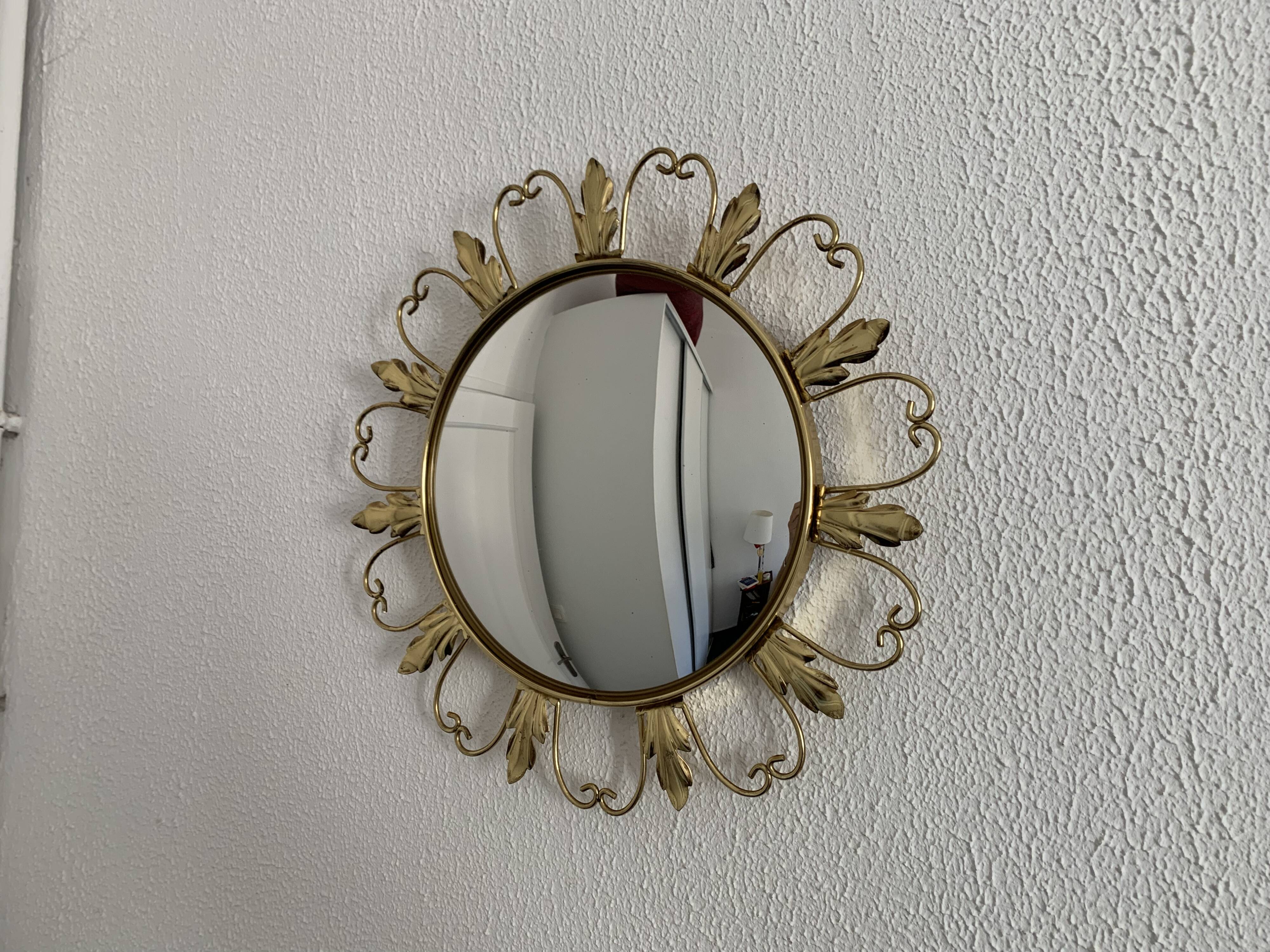 Vintage 1960s witch's eye sun mirror, domed gold metal - 45 cm