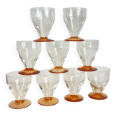 9 Art Deco wine or water glasses with amber stems, 9 cl.