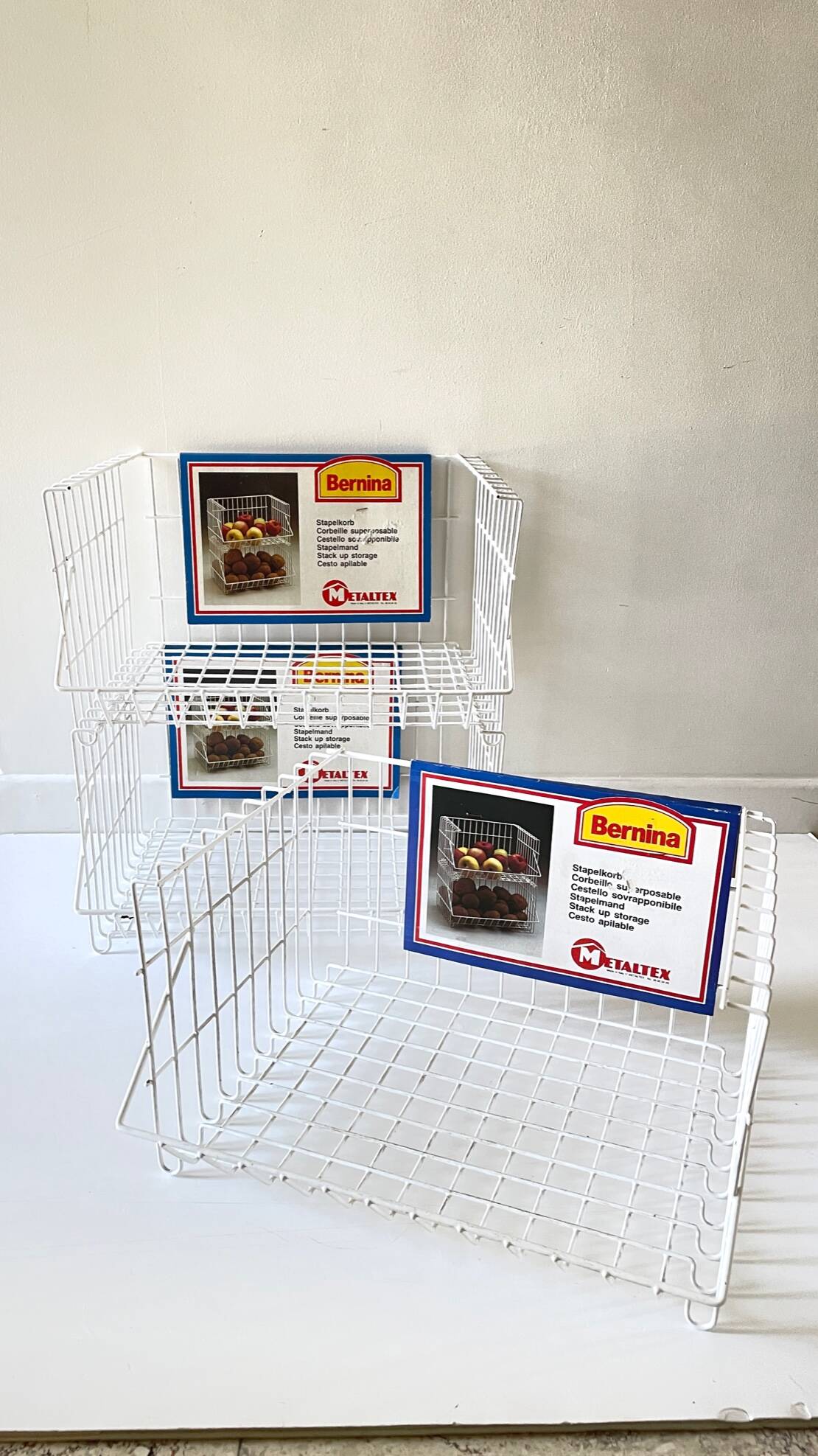 Trio of stackable steel wire baskets vintage italy