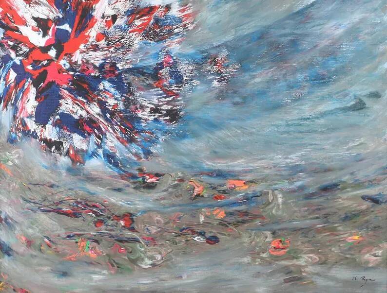 Huile sur toile originale suédoise – "Composition" par Keiko Ryu – Signée – Vintage et encadrée