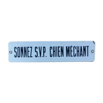 Ancienne plaque émaillée "Sonnez SVP chien méchant" 6x25cm