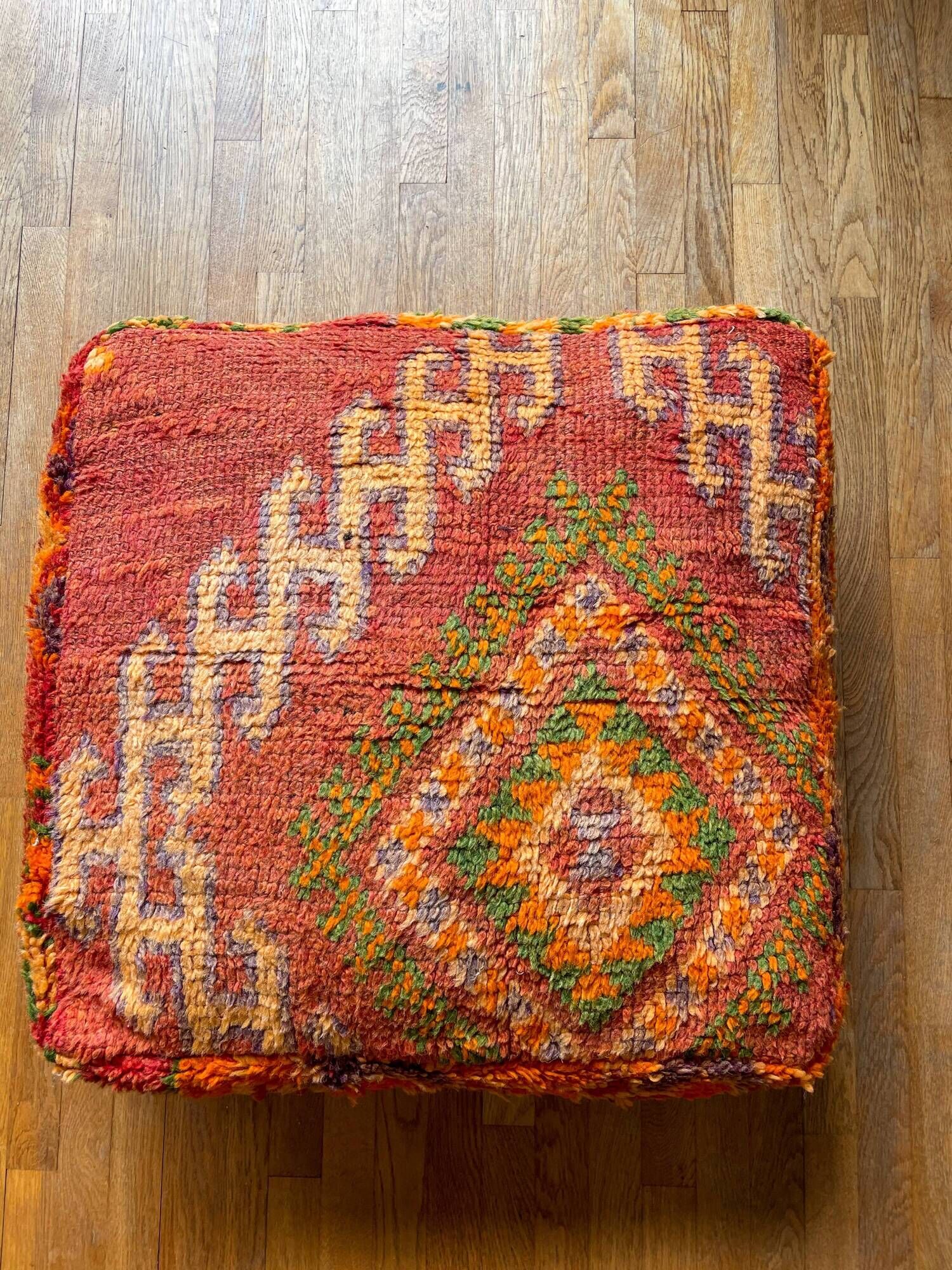 Moroccan Berber pouf colorful terracotta orange and bohemian green