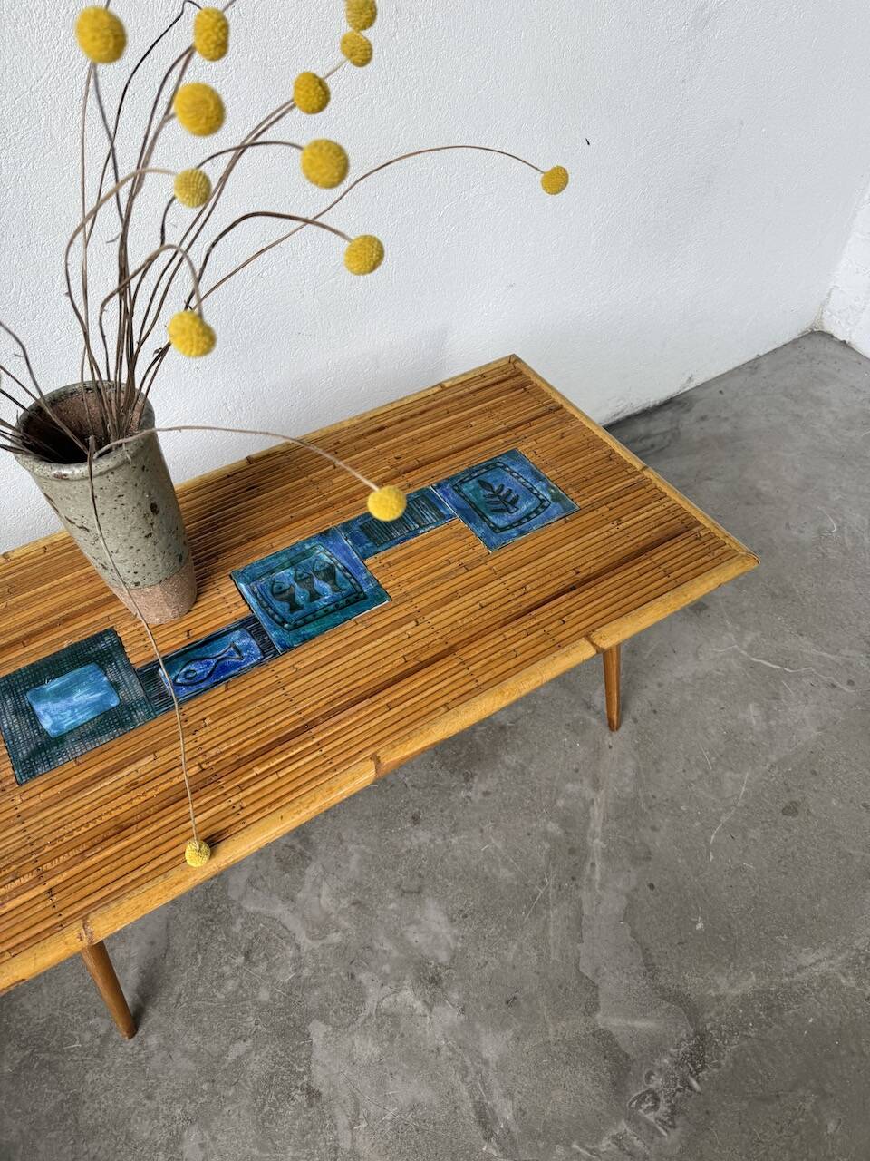 Rattan and ceramic coffee table, 60s
