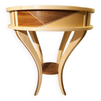 Guéridon - petite table ronde en marqueterie bois