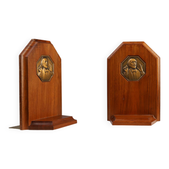 French Art Deco Bookends in Wood and Bronze, circa 1920