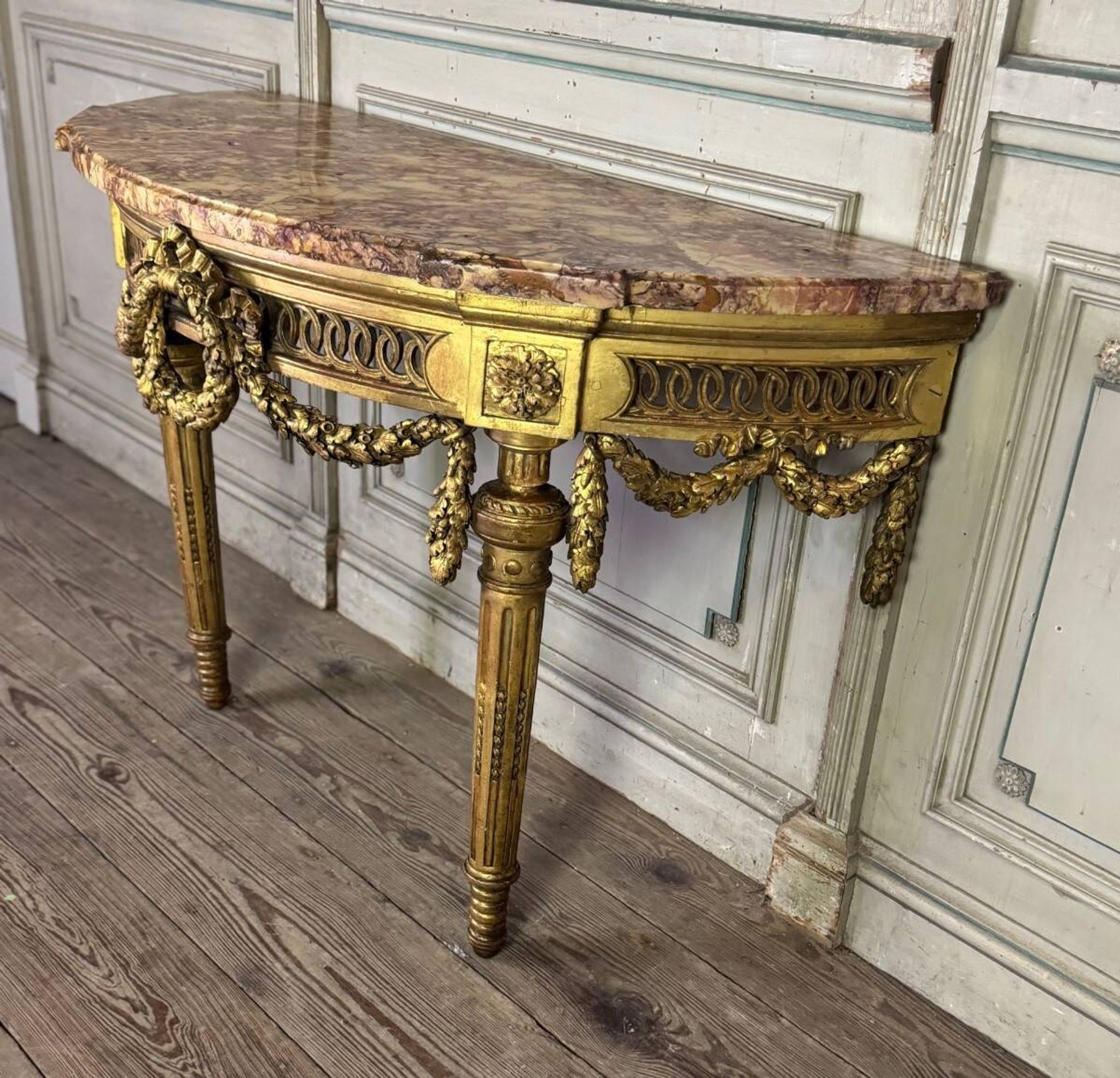 Louis XVI console table in carved and gilded wood, Jura brocatelle marble, 18th century