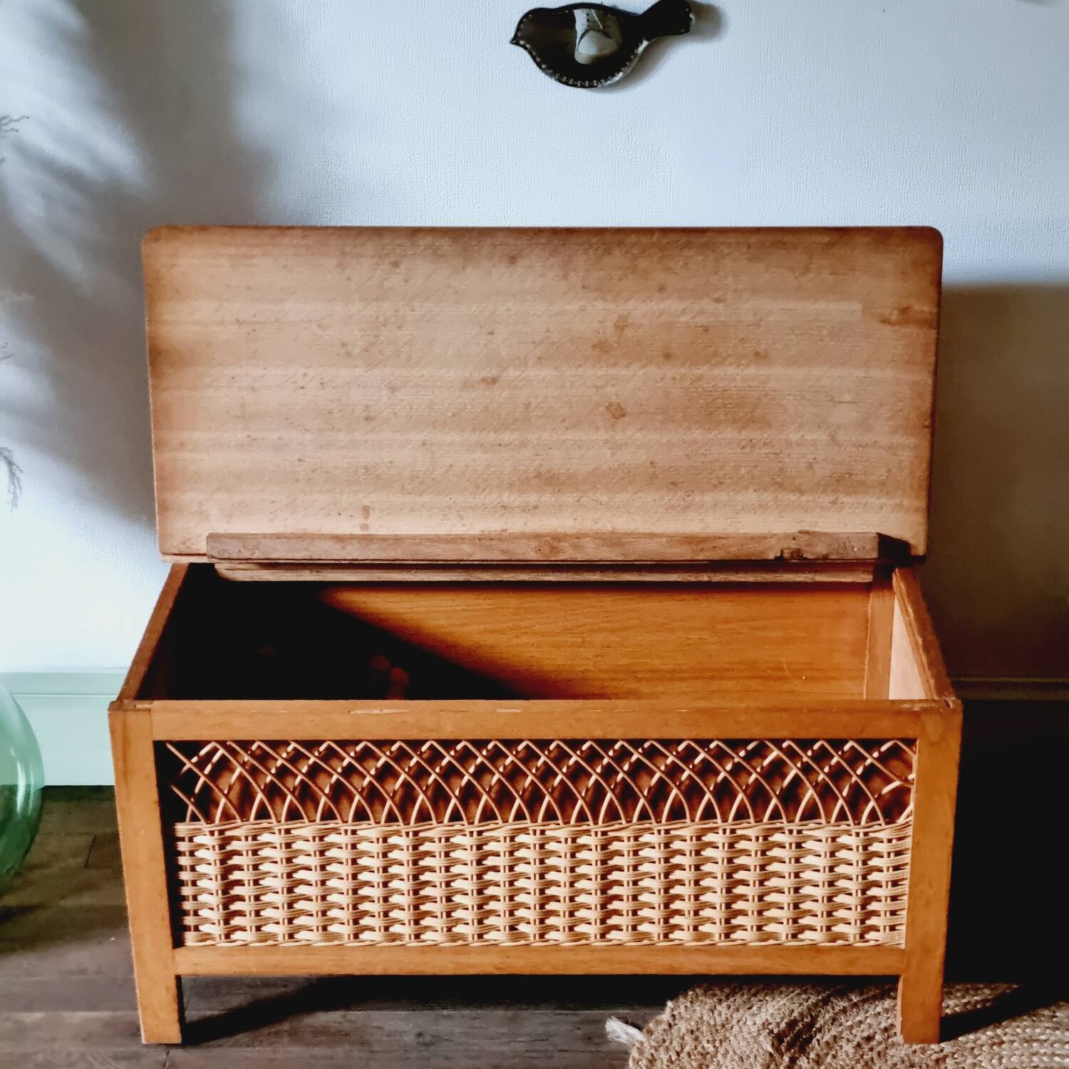 Oak and rattan chest bench 1960