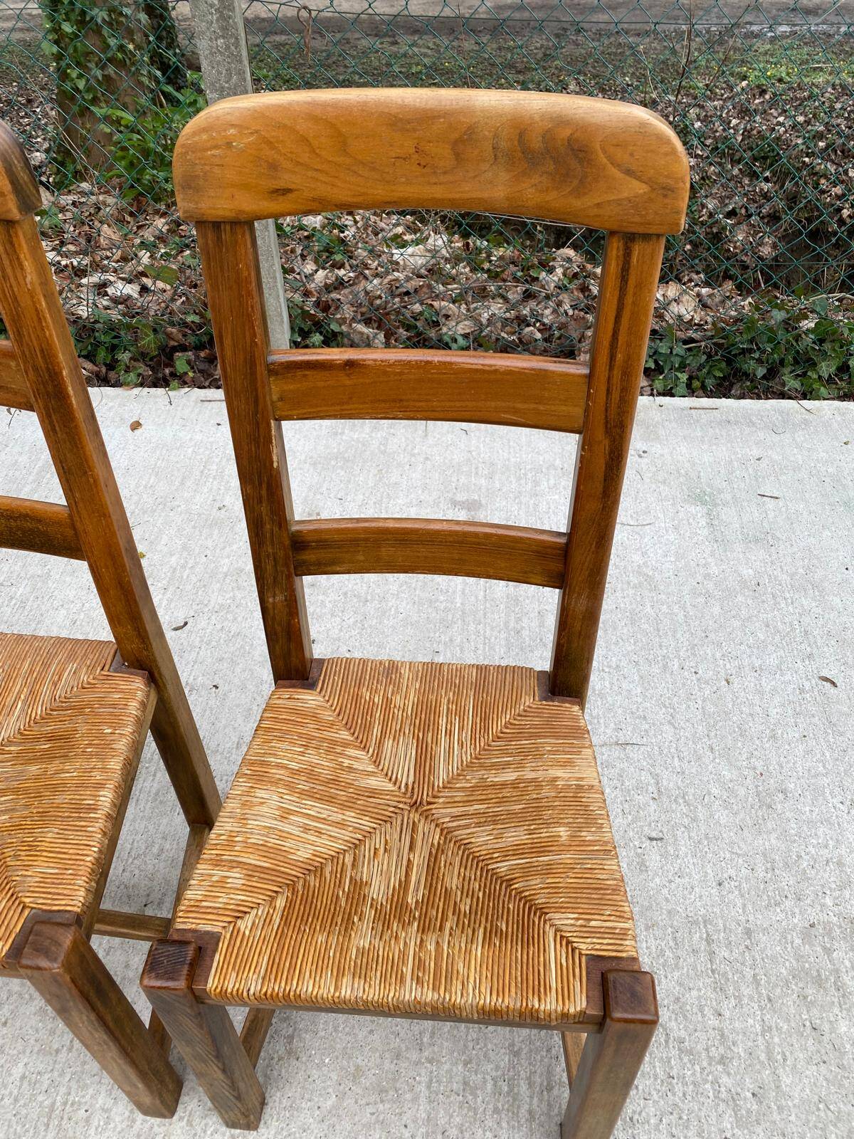 6 vintage solid oak wood straw dining chairs