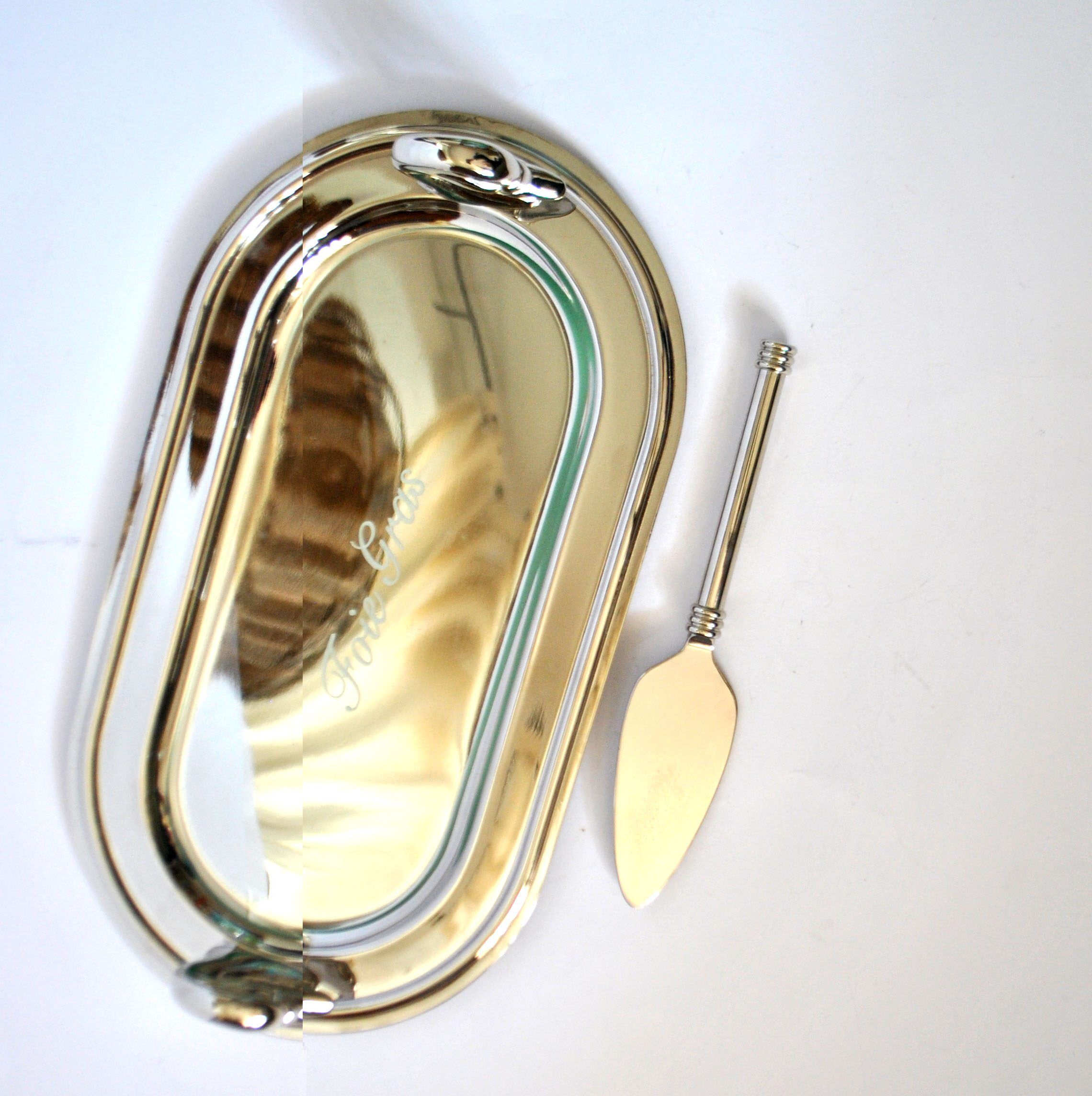 Vintage silver-plated foie gras platter with goose head decoration and serving spatula.
