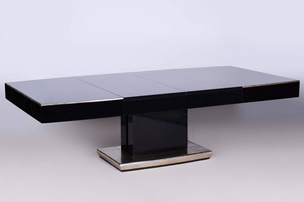 Large Art Deco Chrome and Black Glass Extendable Dining Table, 1930s