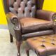 Dark Brown leather chesterfield wing chair with Ottoman