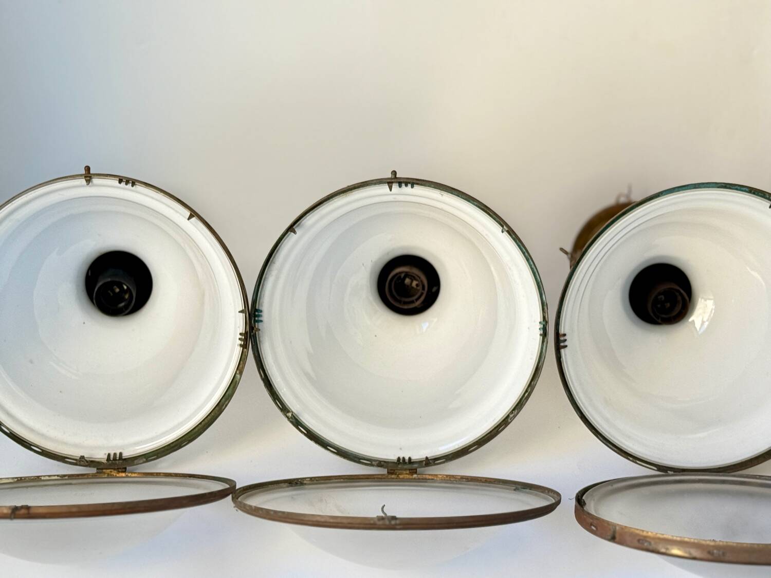 Bauhaus Art Deco Suspension Set in Opaline Glass and Brass 1930