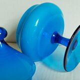 Covered pot on foot in vintage blue opaline