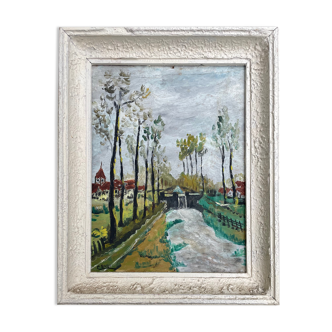 Peinture ancienne paysage dans le goût d'Utrillo XXe