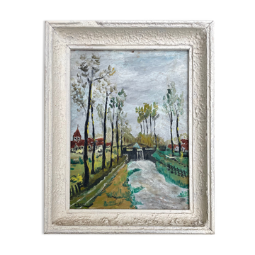 Peinture ancienne paysage dans le goût d'Utrillo XXe